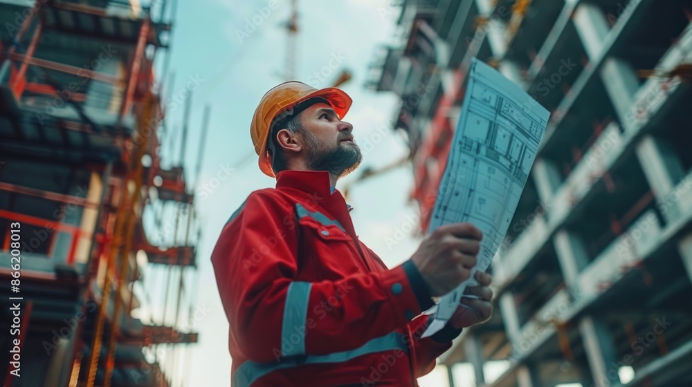 Poster an engineer holding the project plan inspects the bridge while wearing a safety helmet. skilled arch