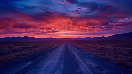 Fototapeta premium A desert road disappearing into the horizon, with the sky ablaze in the rich colors of dusk