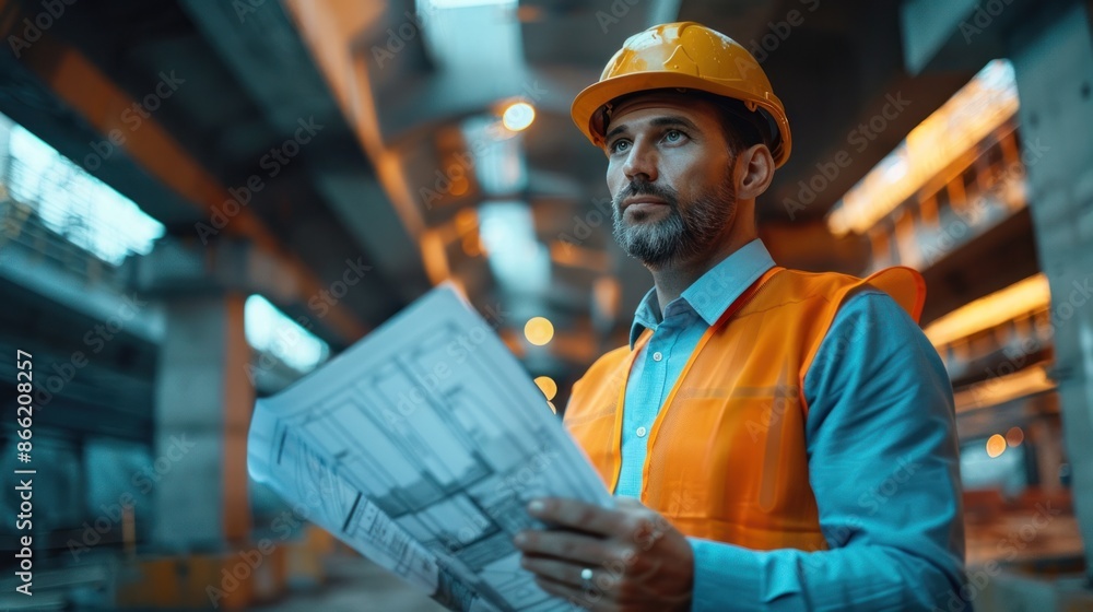 Aufkleber an engineer holding the project plan inspects the bridge while wearing a safety helmet. skilled arch