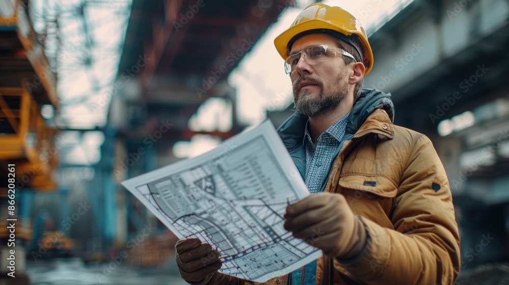 Poster an engineer holding the project plan inspects the bridge while wearing a safety helmet. skilled arch