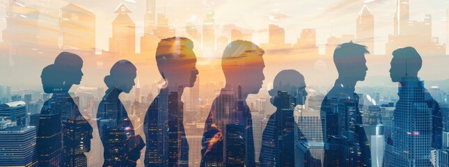 Double exposure of business silhouettes and cityscape with skyscrapers, representing a professional team working together in a modern urban environment.
