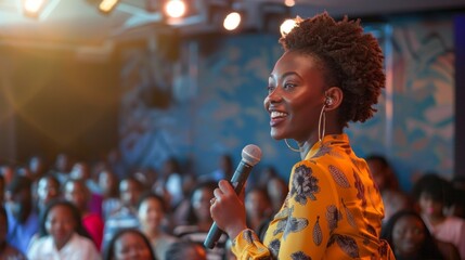 A smiling black female speaker addresses a crowd, holding a microphone in her hand
