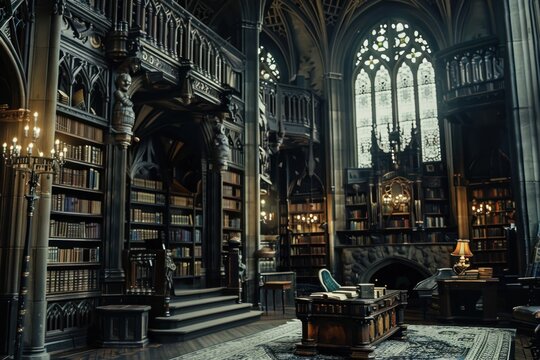 Gothic Library Interior with Ornate Bookcases and Stained Glass Window