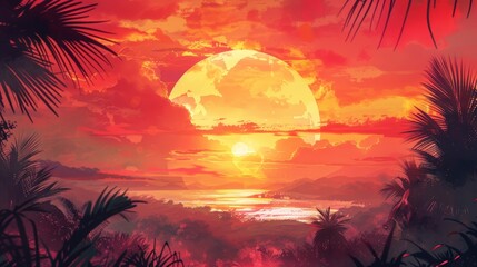 A vibrant sunset over a tropical beach, with palm trees silhouetted against the fiery sky.