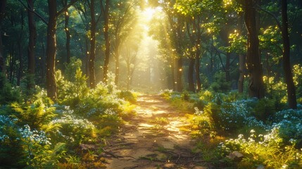 Fototapeta premium A forest trail with sunlight streaming through the canopy, leading to an open meadow.