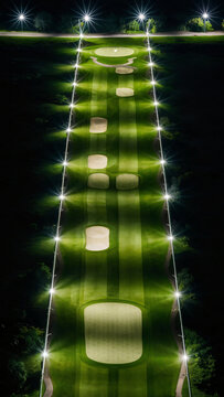 A stunning aerial view of a par 5 golf fairway illuminated by bright streetlights on either side, late at night