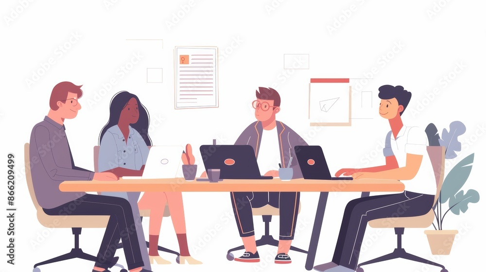 Poster A group of business professionals and software developers having a collaborative meeting around a conference table with laptops and documents