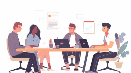 A group of business professionals and software developers having a collaborative meeting around a conference table with laptops and documents