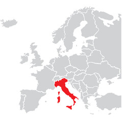 Map of Italy highligted with red in Europe map