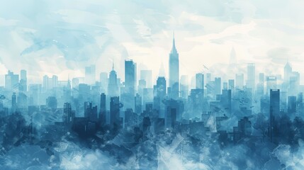 Abstract watercolor cityscape with a hazy skyline.