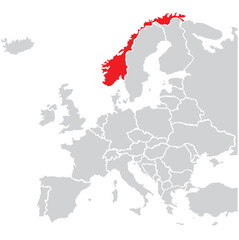 Map of Norway highligted with red in Europe map