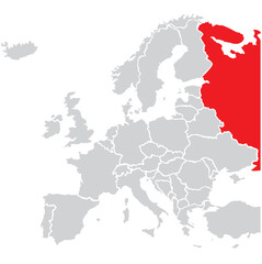 Map of Russia highligted with red in Europe map