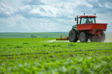 Red Tractor Spraying Pesticides on Green Field