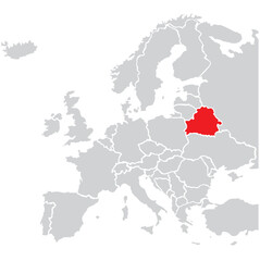 Map of Belarus highligted with red in Europe map