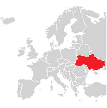 Map of Ukrain highligted with red in Europe map
