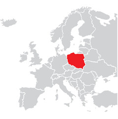 Map of Poland highligted with red in Europe map