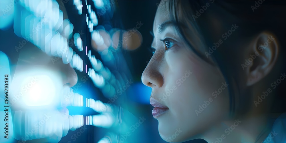 Poster interacting with abstract shapes coding a woman's profile. concept abstract shapes, coding, woman's 