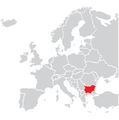 Map of Bulgaria highligted with red in Europe map