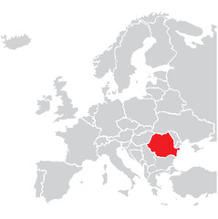 Map of Romania highligted with red in Europe map