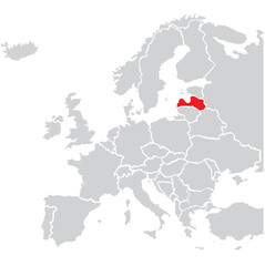 Obraz premium Map of Latvia highligted with red in Europe map
