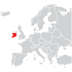 Map of Ireland highligted with red in Europe map