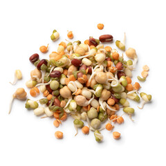 Heap of fresh colorful sprouts isolated on white background close up