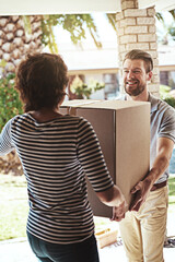 Naklejka premium Box, cargo and delivery man with woman by front door at home for ecommerce order with logistics. Dropshipping, distribution and courier driver with female person for cardboard freight package for b2c