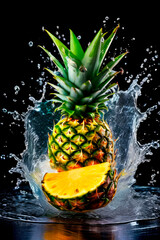 Ripe pineapples scattering in streams and splashes of water. Whole and pieces pineapples in water streams. Fresh and juicy summer fruits 