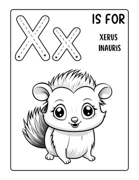 A cute cartoon drawing of an X letter with a xerus inauris on it. Simple bold lines for a coloring book in black and white
