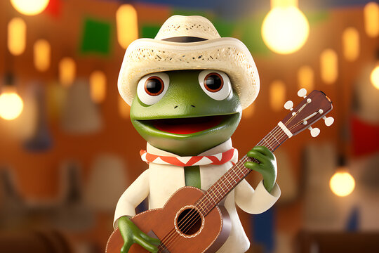 Cute frog musician, guitar player on light background