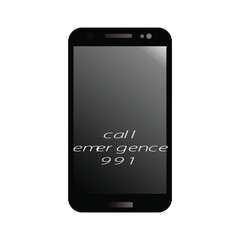 Mobile phone with black screen and Call Emergence 911 on a white color background