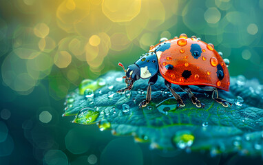 A ladybug is sitting on a leaf that is wet. The water droplets on the leaf make the scene look fresh and lively