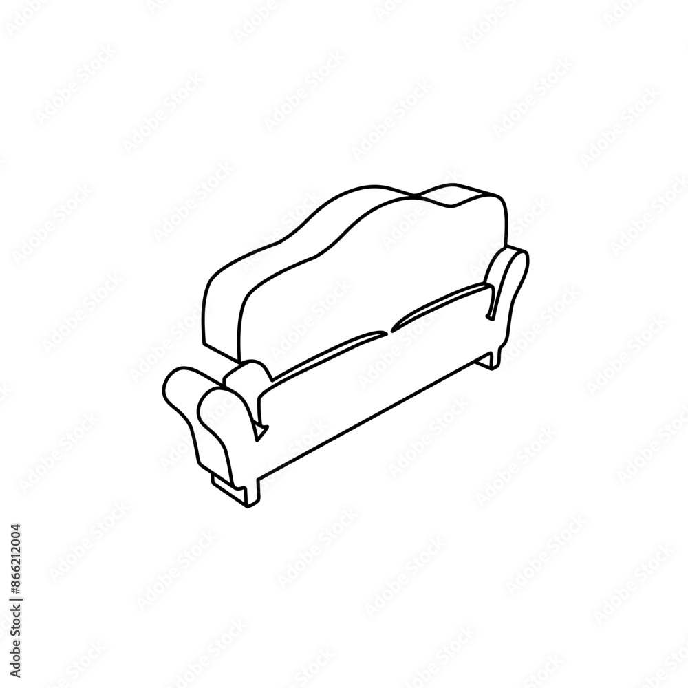 Poster the outline of a large sofa symbol is made with black lines. 3d view of the object in perspective. v