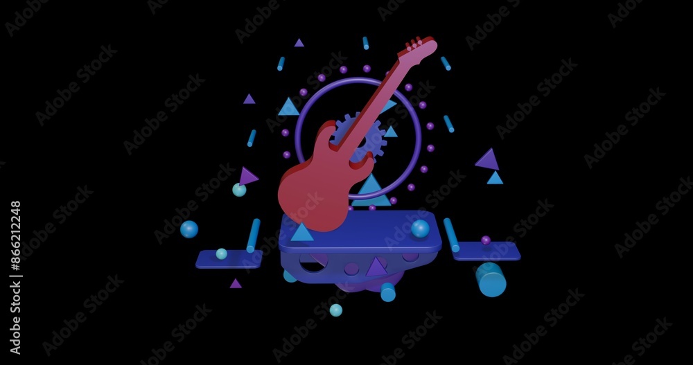 Poster red guitar symbol on a pedestal of abstract geometric shapes floating in the air. abstract concept a