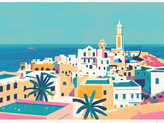 Risograph riso print travel poster, card, wallpaper or banner illustration, modern, isolated, clear and simple of Salalah, Oman. Artistic, screen printing, stencil digital duplication