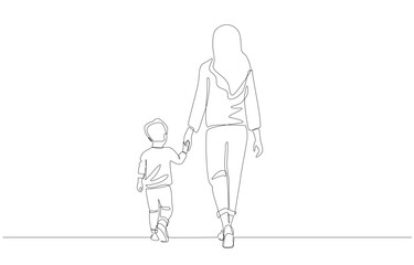 Obraz premium Continuous one line drawing of mom and son holding hands and walking together, single mom and parenting concept, single line art.