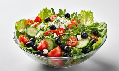 Mixed green salad with feta, tomatoes, and cucumbers