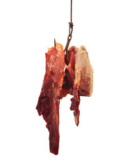 Fresh-cut beef hanging at wet market, isolated on white background.