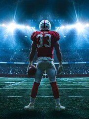 Powerful Football Player in Stadium Spotlight Preparing for the Big Game