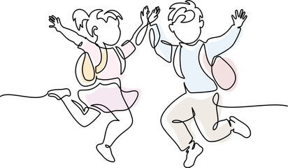 Happy boy and girl pupils with backpacks jumping. Continuous one line