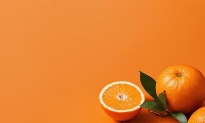 Half an orange with green leaves on an orange background