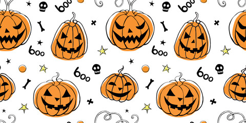 Vector Seamless pattern with pumpkins, Jack o Lantern. Halloween backgrounds and textures in flat doodle style, isolated.