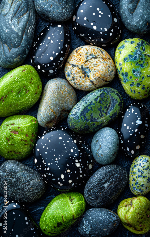 Poster a collection of rocks with a green and black color scheme. the colors and patterns of the rocks crea