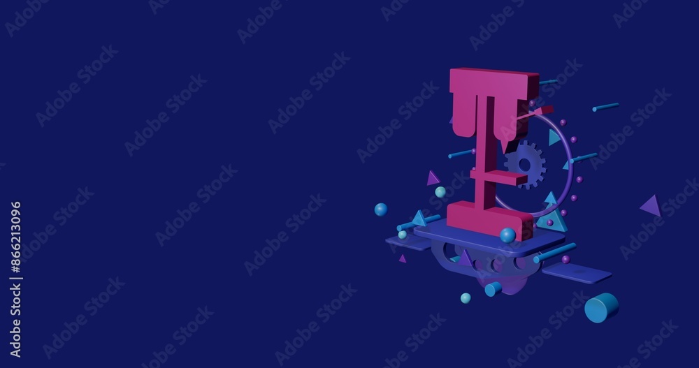 Poster pink boring mill symbol on a pedestal of abstract geometric shapes floating in the air. abstract con