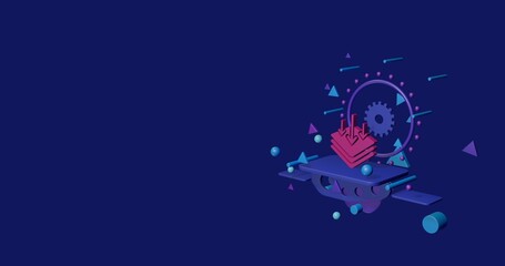Naklejka premium Pink absorbent symbol on a pedestal of abstract geometric shapes floating in the air. Abstract concept art with flying shapes on the right. 3d illustration on indigo background