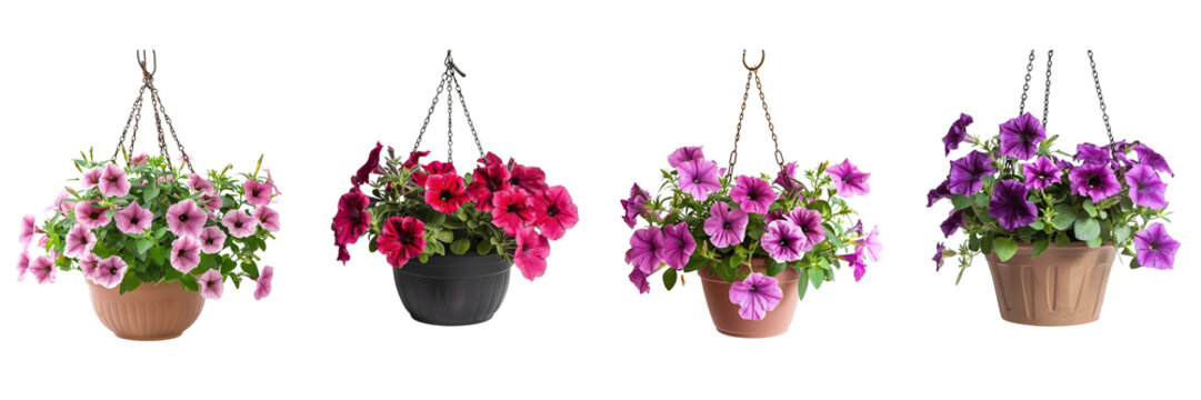 Set of petunia in a hanging pot  on transparent white background