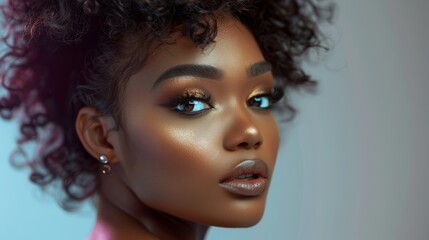 Fototapeta premium Black woman with beautiful face and fresh, smooth skin Model with beautiful, cute hair and natural makeup. realistic hyper realistic bright lighting white