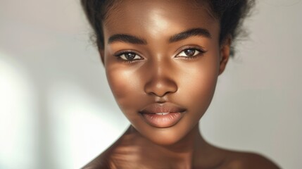 Naklejka premium Black woman with beautiful face and fresh, smooth skin Model with beautiful, cute hair and natural makeup. realistic hyper realistic bright lighting white