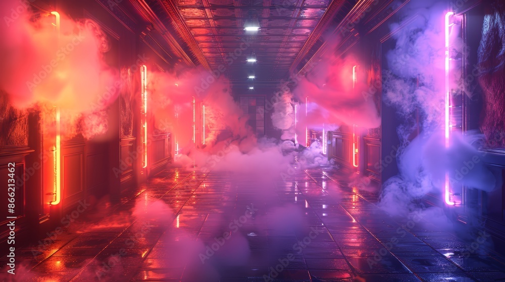 Poster A neon-lit dance floor with smoke machines creating a dynamic and colorful environment.