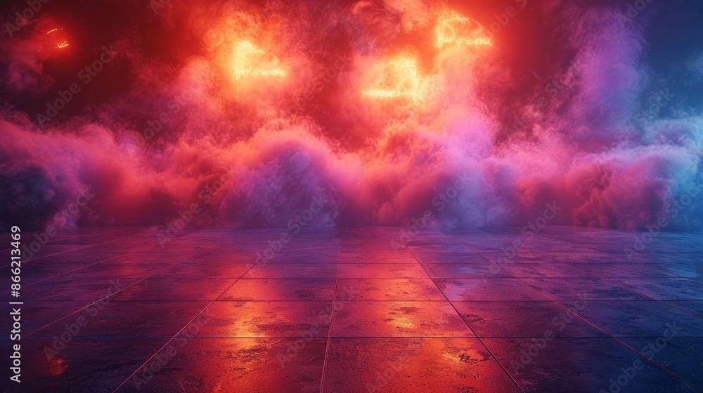 Poster A neon-lit dance floor with smoke machines creating a dynamic and colorful environment.